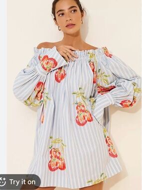 Off-Shoulder Floral Stripe Mini Dress — Light Blue & Red